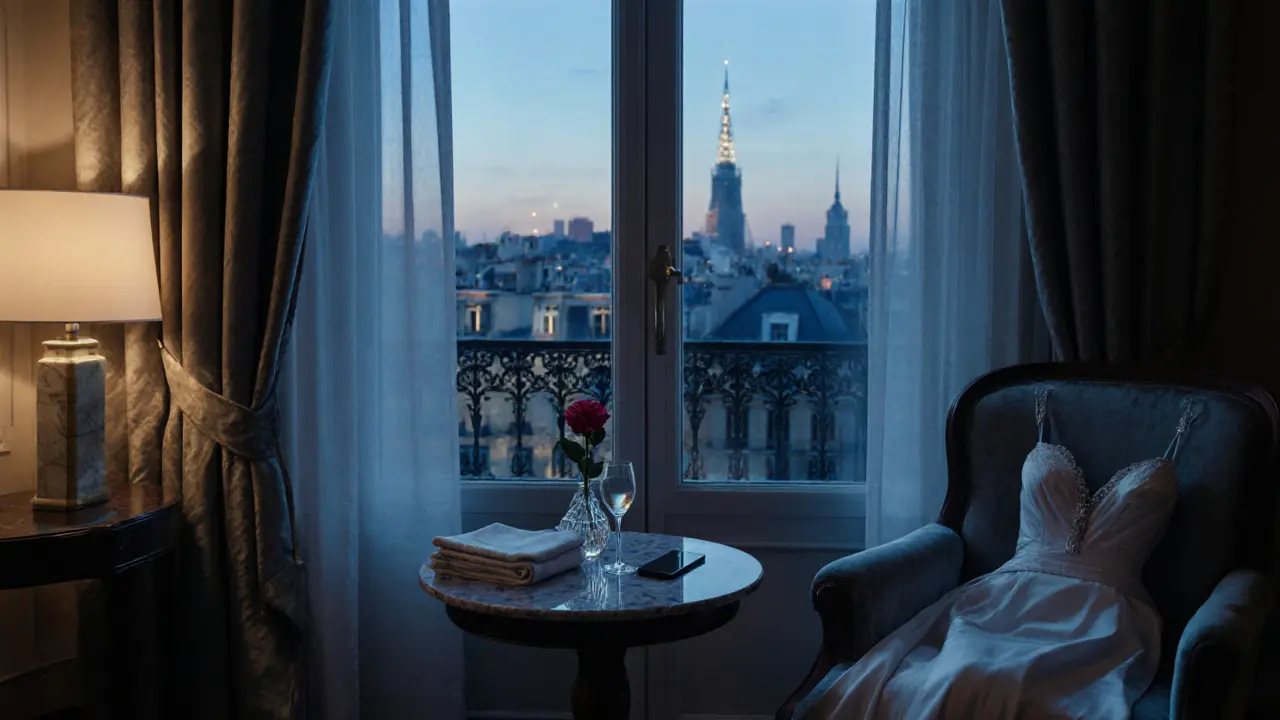 A luxurious hotel suite at twilight, with an empty wine glass and folded evening gown hinting at a discreet, refined encounter.