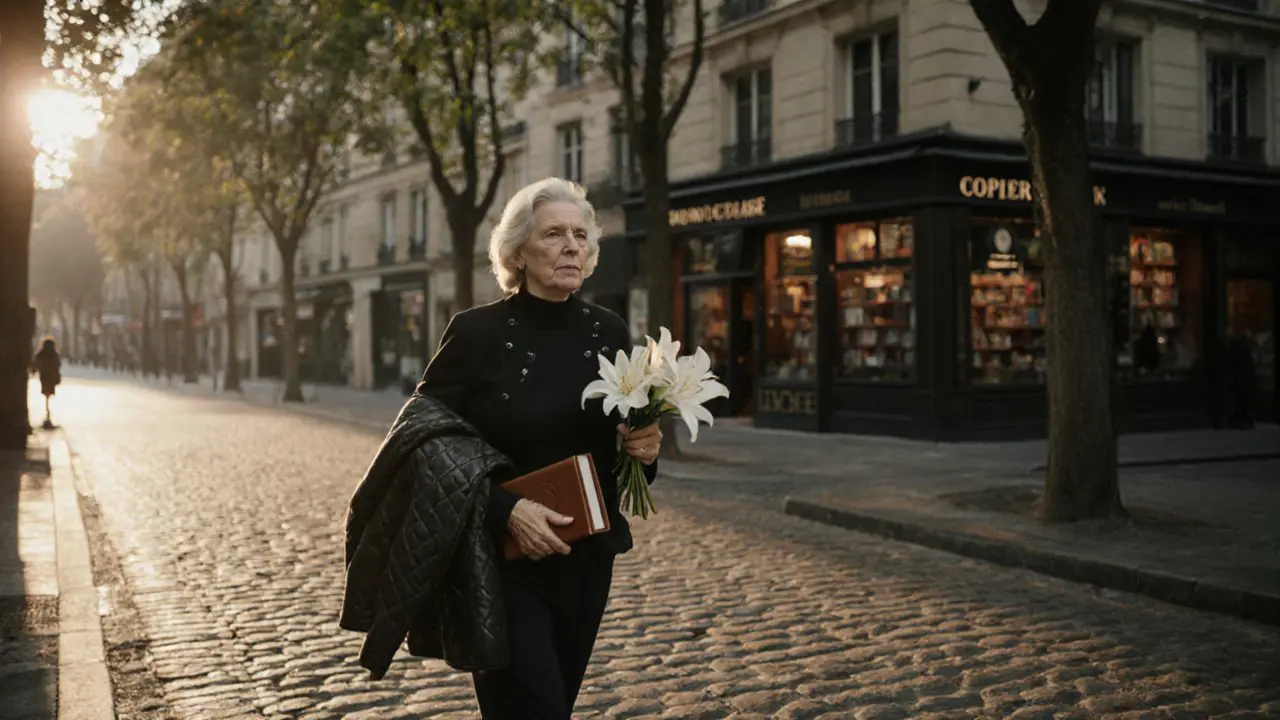 A sophisticated woman walks down a quiet Paris street with a book and flowers, morning light filtering through trees.