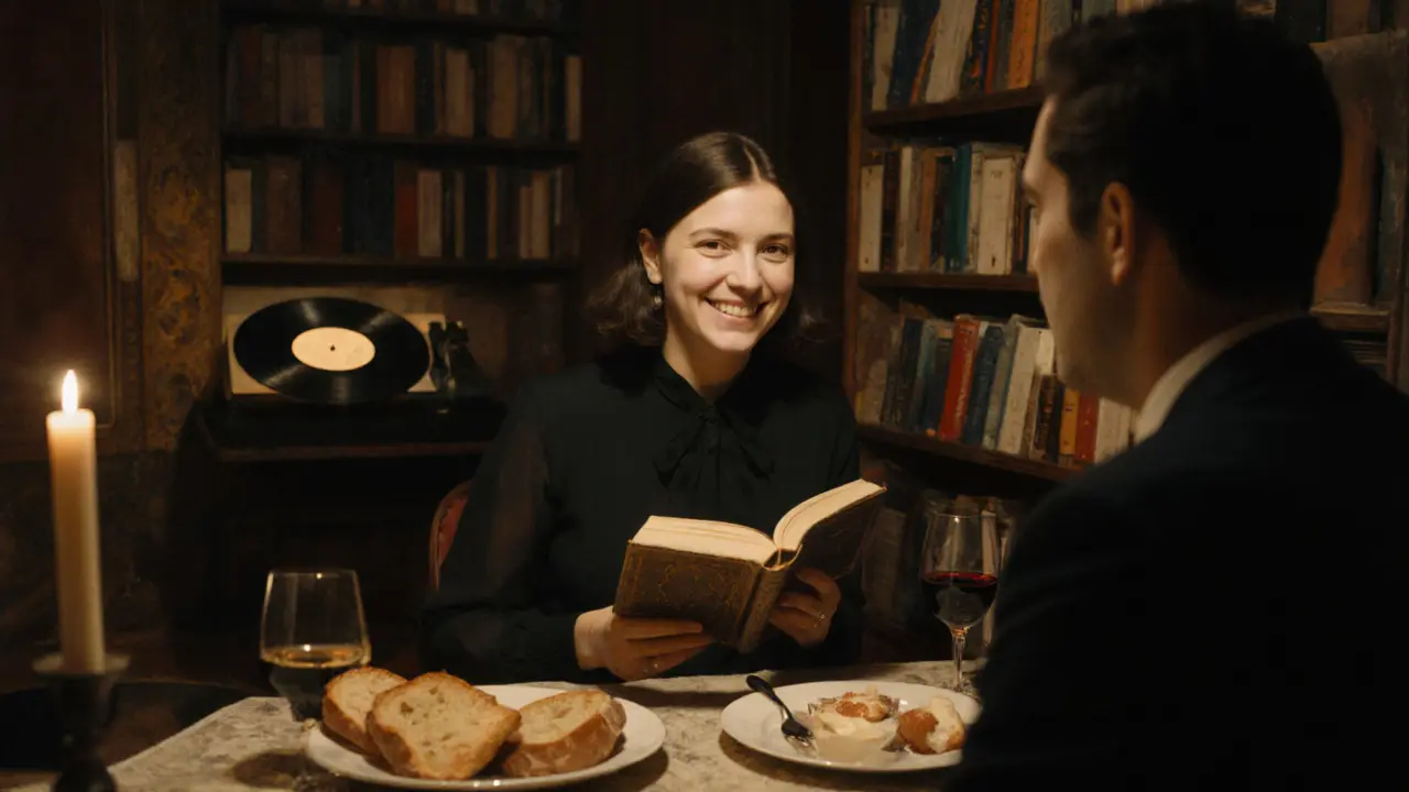 A woman talking gently with a client over dinner in a cozy Paris apartment, surrounded by books and jazz.