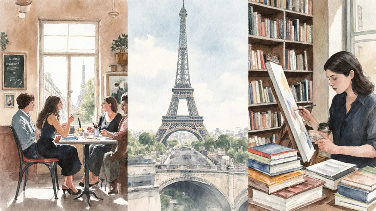 A woman teaching French, painting, and running a bookstore—each moment reflecting life beyond escort work.