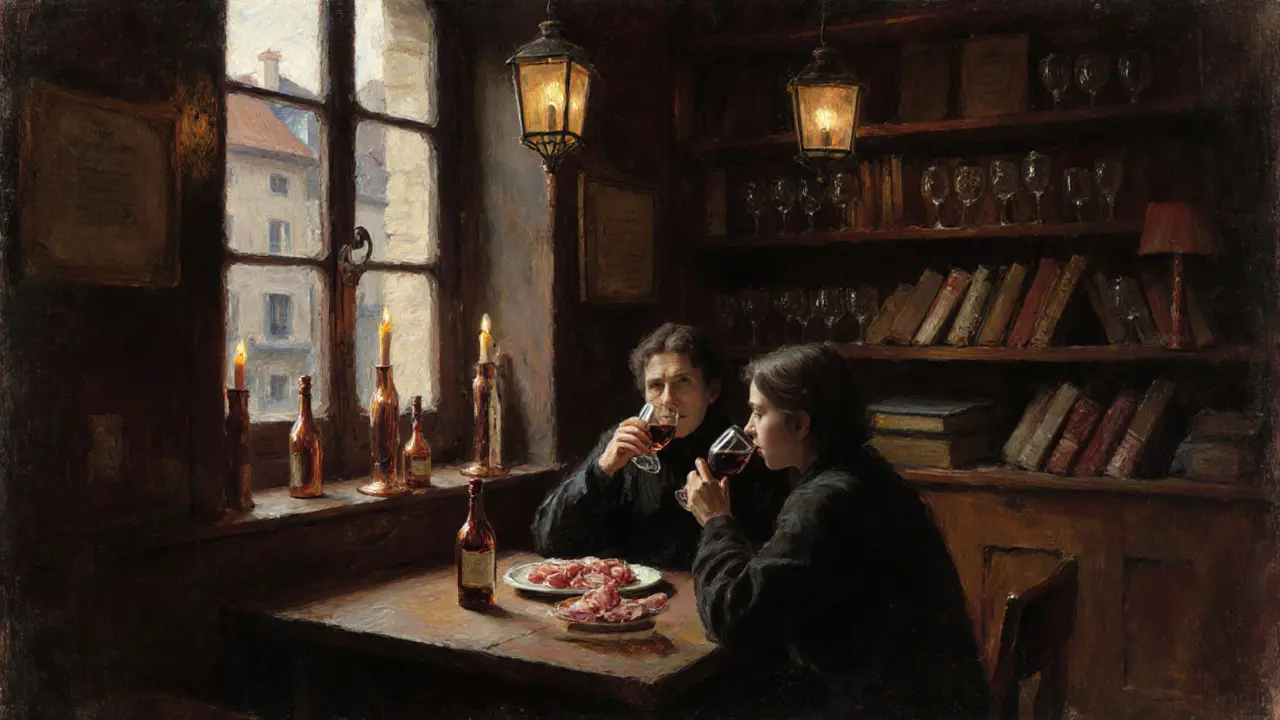 An intimate wine bar scene with two people sharing a quiet moment over Beaujolais and charcuterie in soft candlelight.