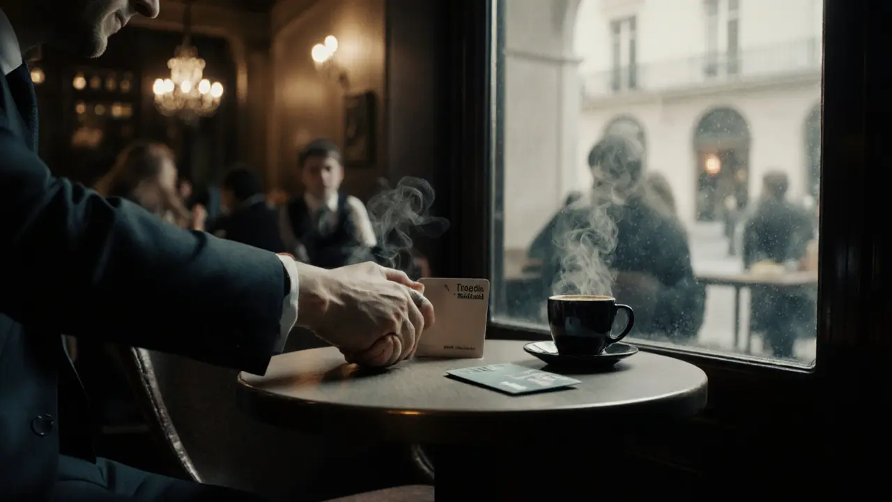 Cafe table with coffee, prepaid card, and ID, hands shaking in a discreet meeting.