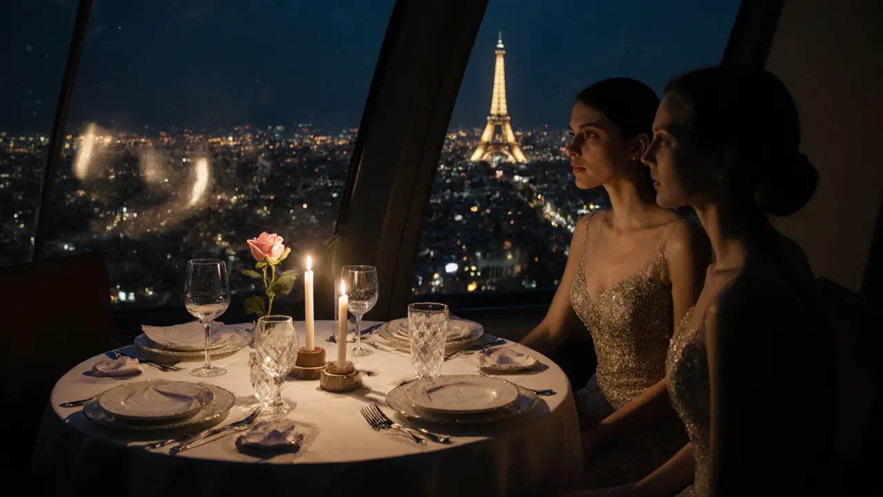 Candlelit dinner with city view inside the Eiffel Tower restaurant.
