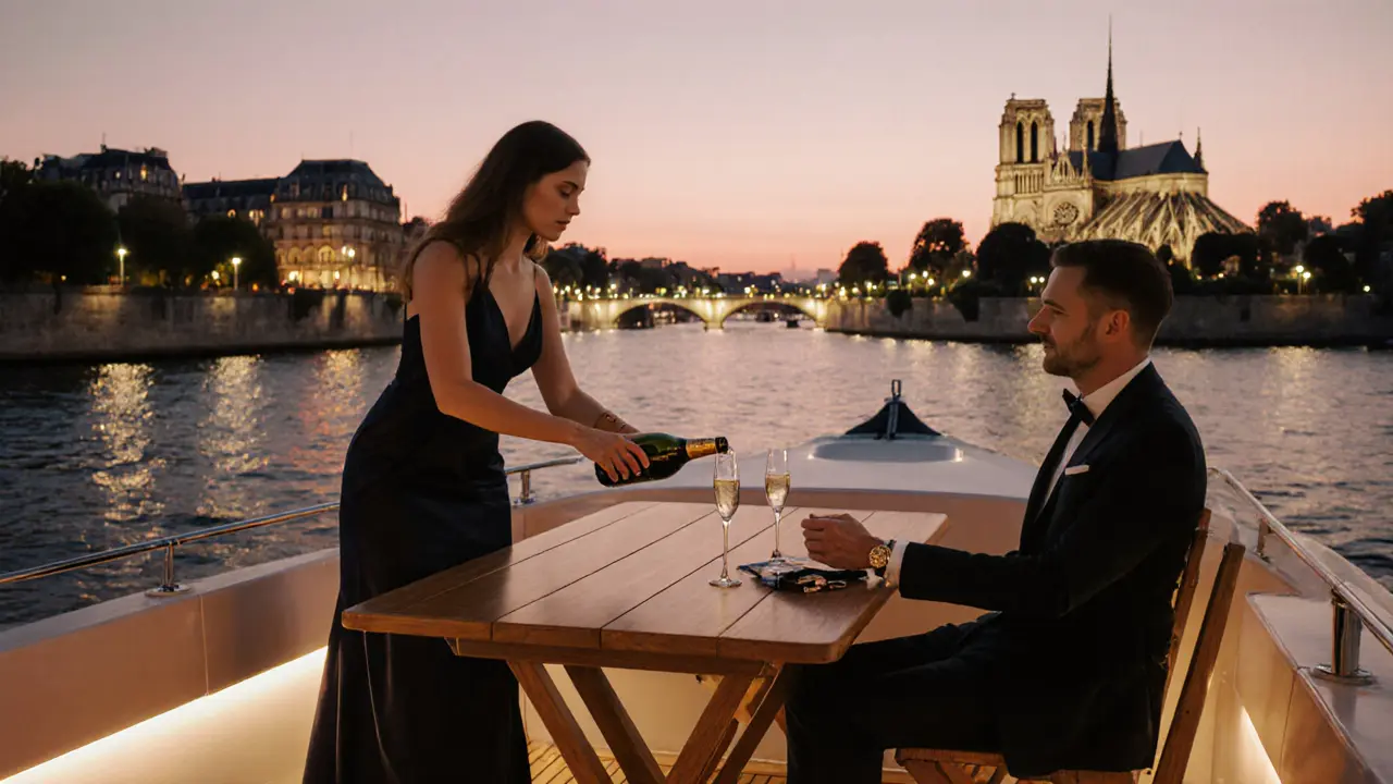 Companion and client share champagne on a private yacht cruising the Seine.