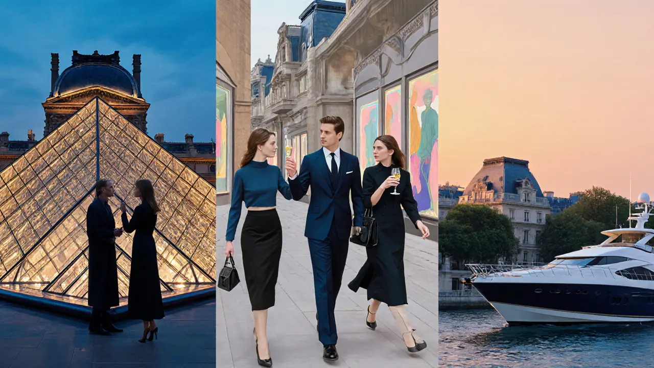 Companion guiding client through Louvre, shopping on Rue Saint‑Honoré, and on a yacht at sunset.