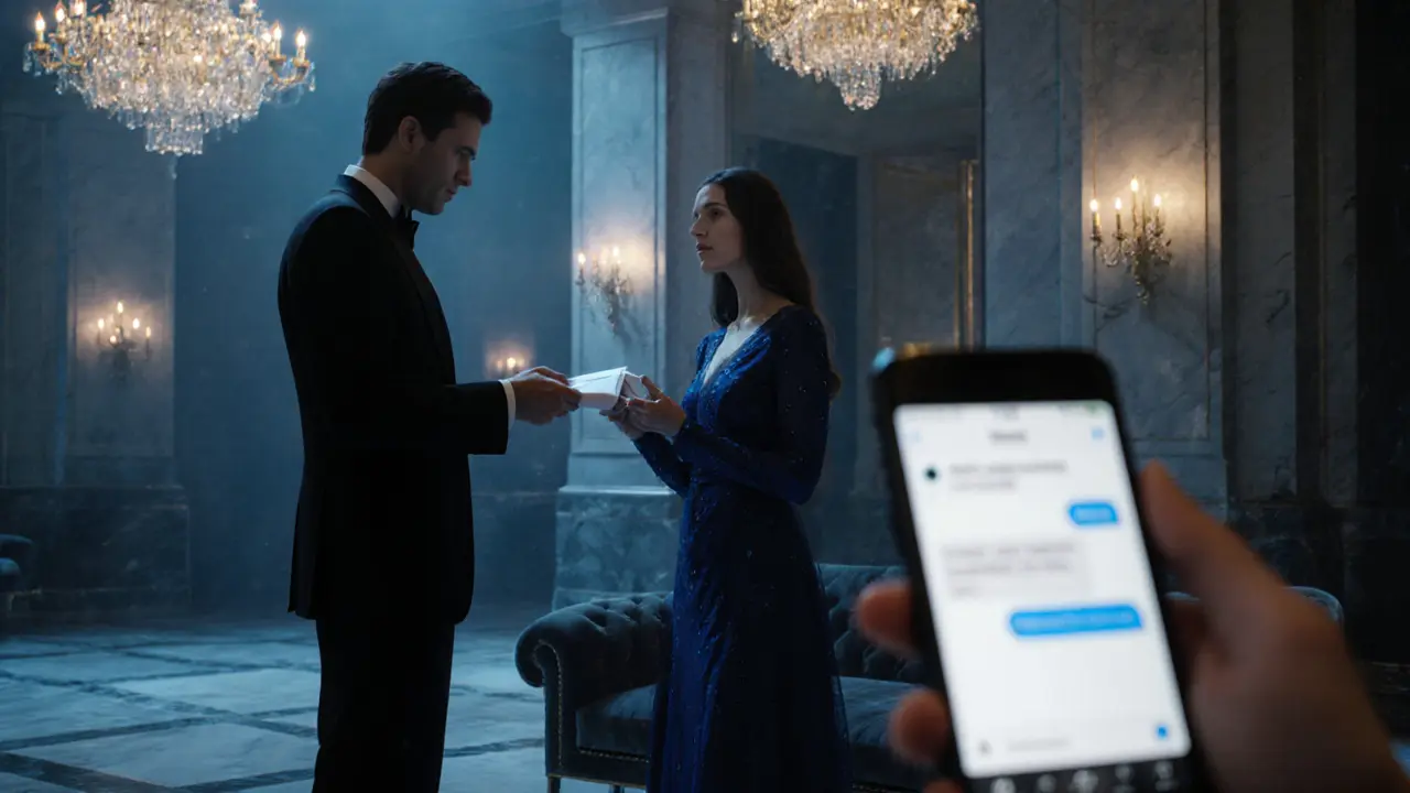 Discreet exchange of a sealed envelope in a luxurious hotel lobby with subtle lighting.