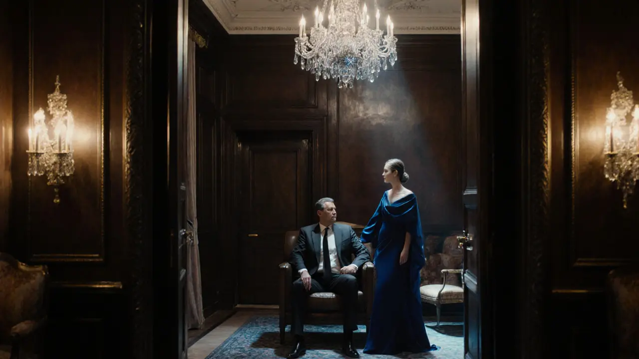 Escort and client enter a lavish hotel suite with opulent decor.