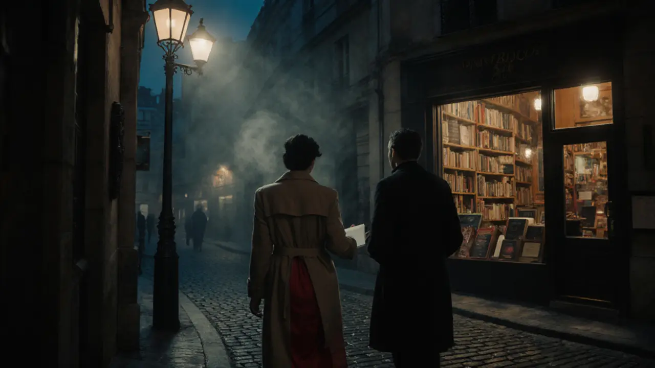 Escort leads client through misty Latin Quarter, pointing to a glowing bookshop at night.