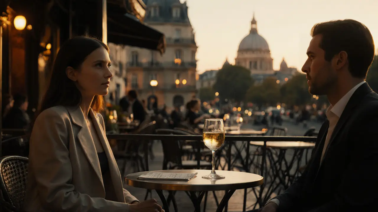 Evening café scene in Paris with a companion and client seated at a table under city lights.