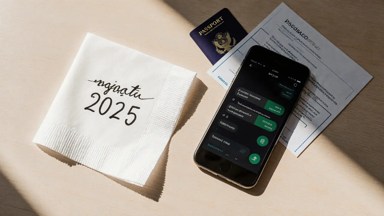 Flat lay of napkin with code, smartphone, credit card and ID illustrating verification steps.