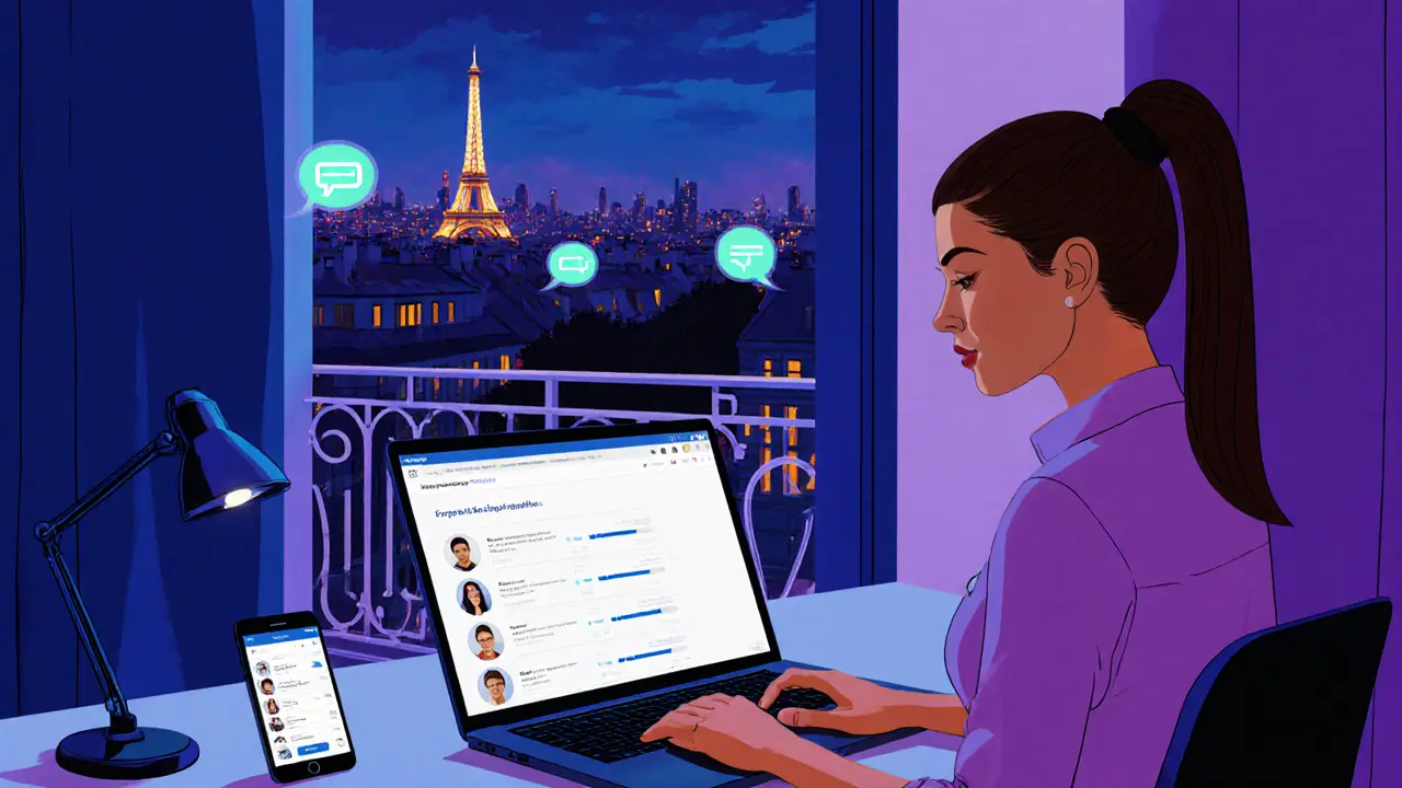 Freelance escort in an apartment using a laptop and phone for digital bookings.