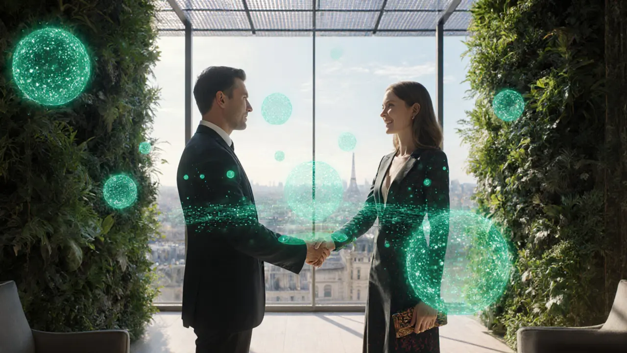 Futuristic eco‑luxury hotel lobby where AI matches a client with an escort.