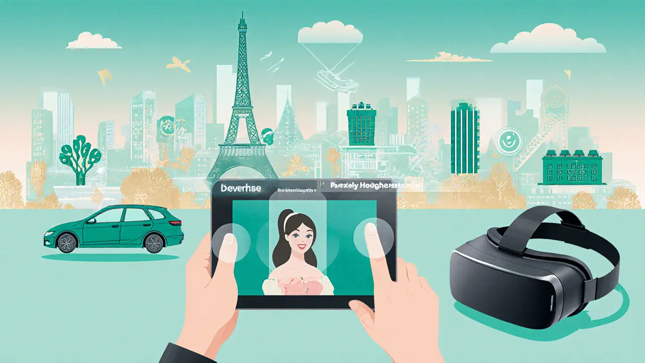 Futuristic tablet shows an escort profile with VR headset and eco‑travel icons.