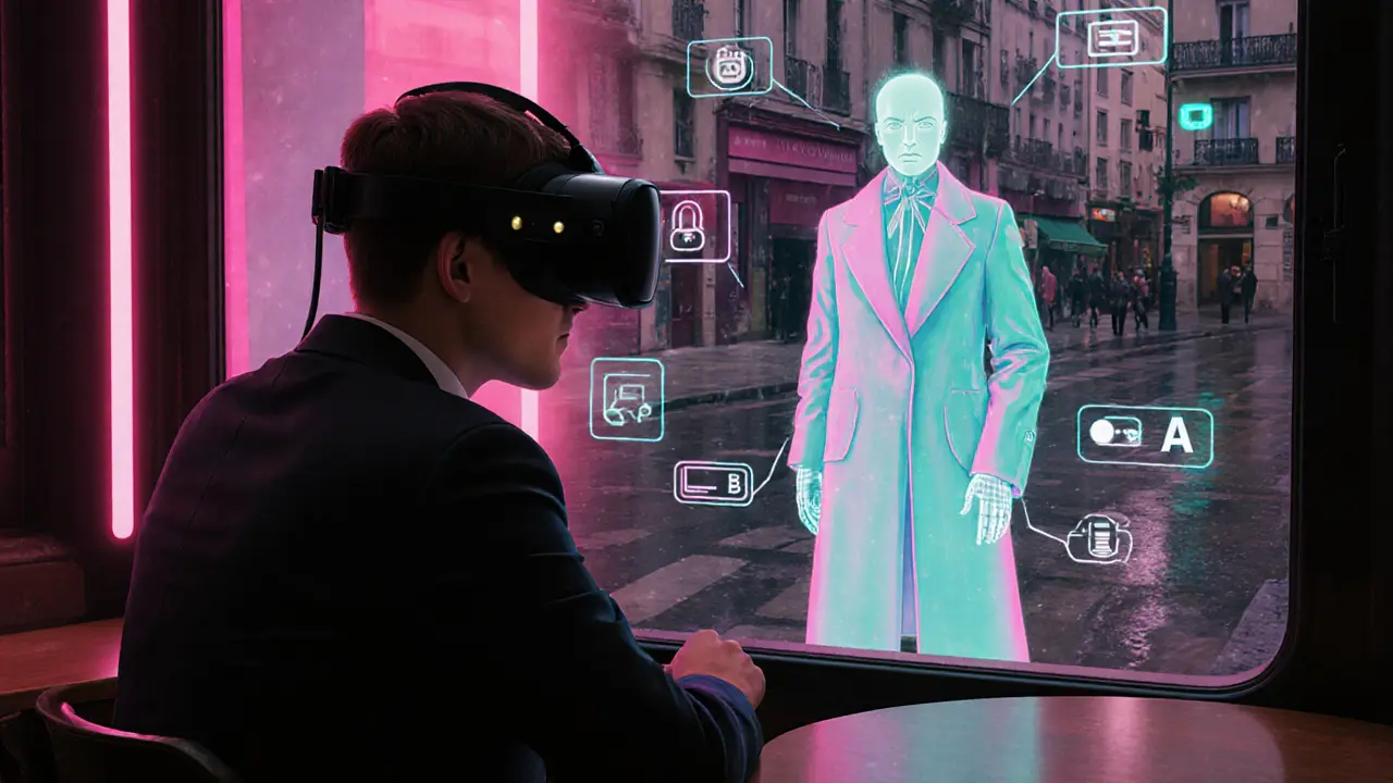Futuristic VR café scene with a user and holographic AI companion in a neon‑lit Paris setting.