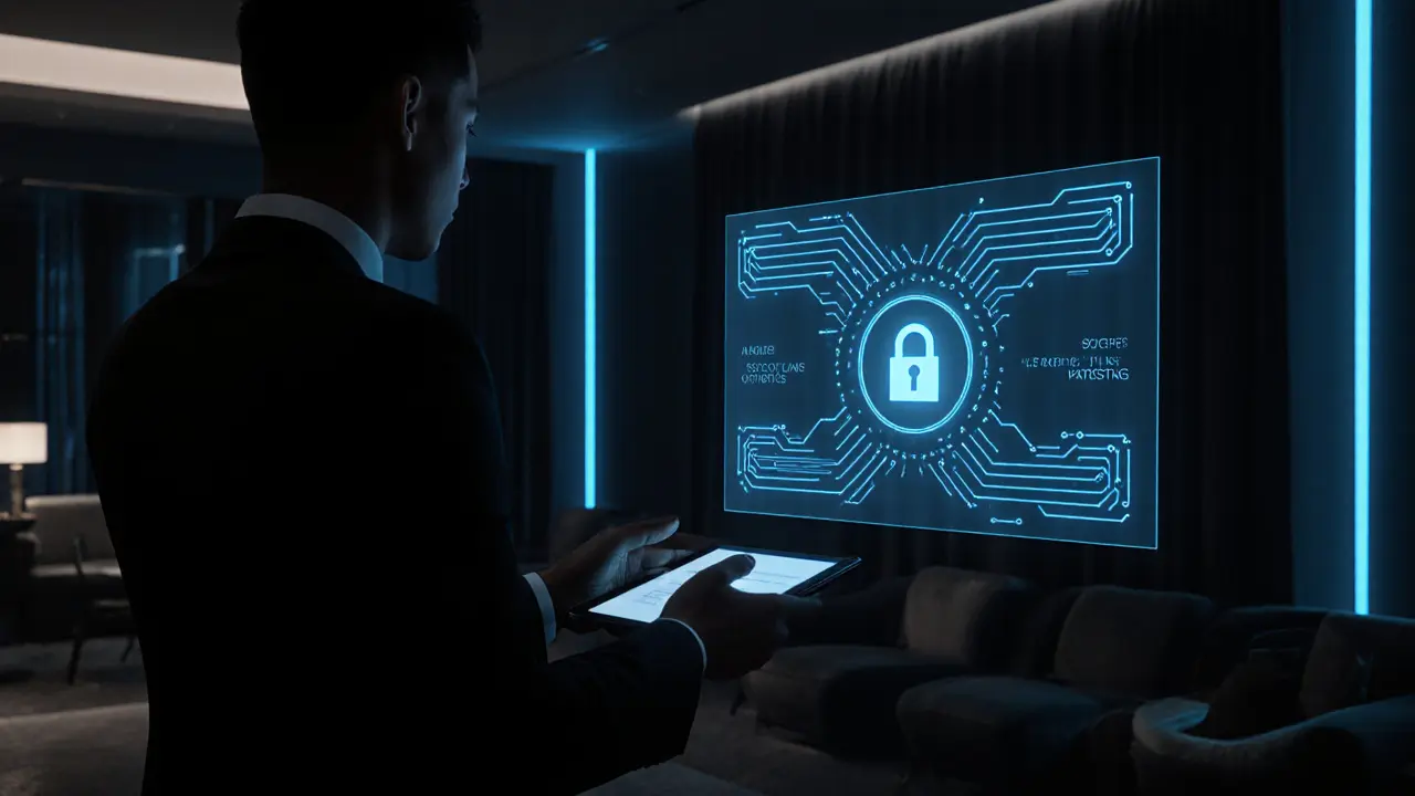 Holographic secure booking interface with companion offering tablet, representing safety and privacy.