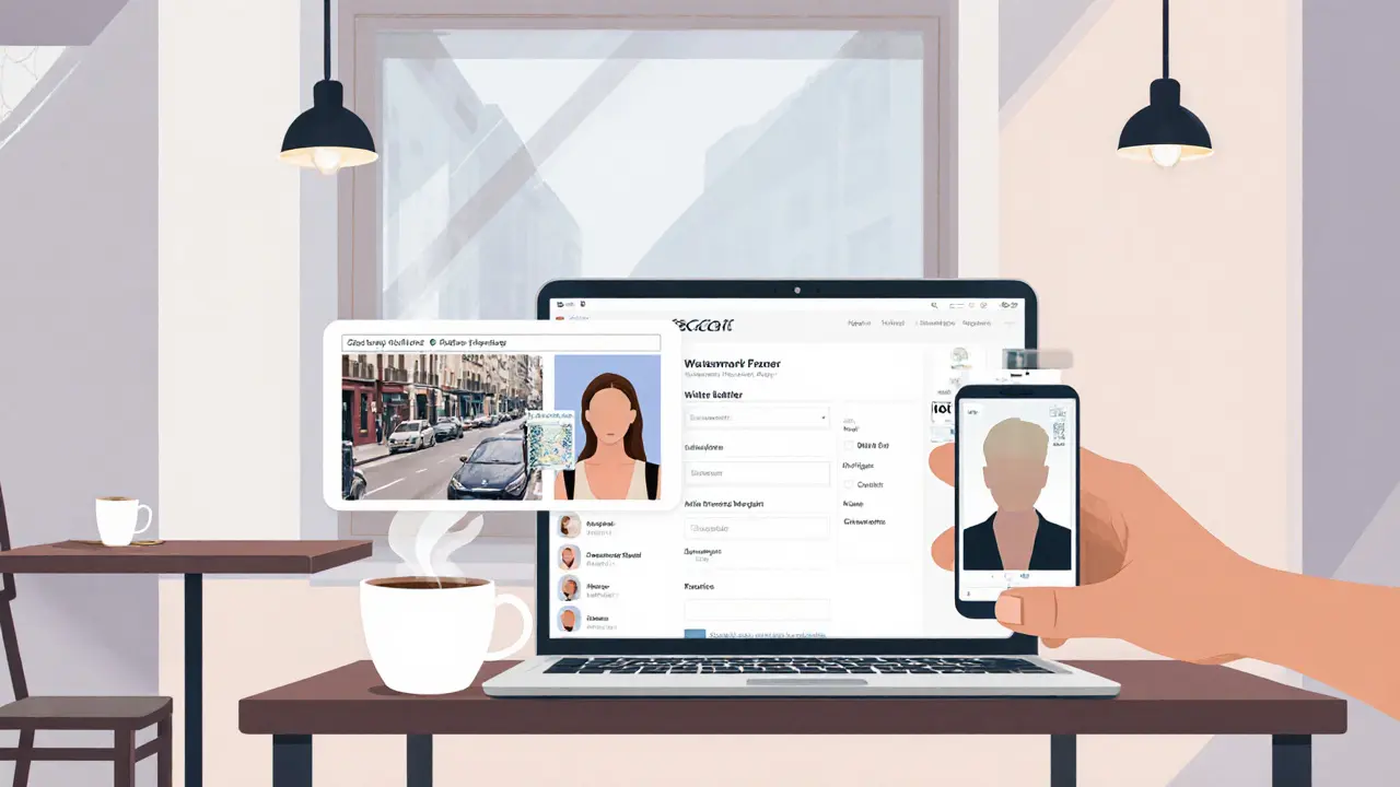 Illustration of a video call verification with blurred ID and a phone beside a laptop in a café setting.