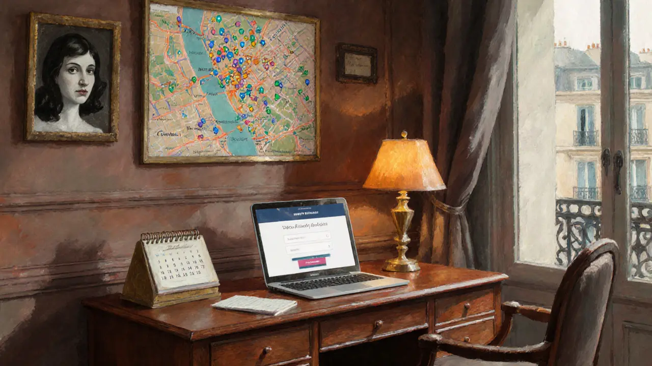 Impressionist office of a discreet escort agency with maps and a portrait on the wall.