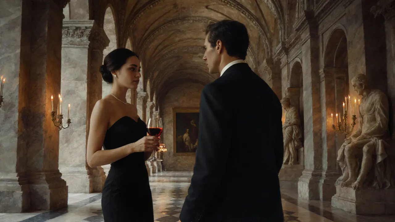 Intimate candlelit after‑hours Louvre gallery with a couple discussing art.