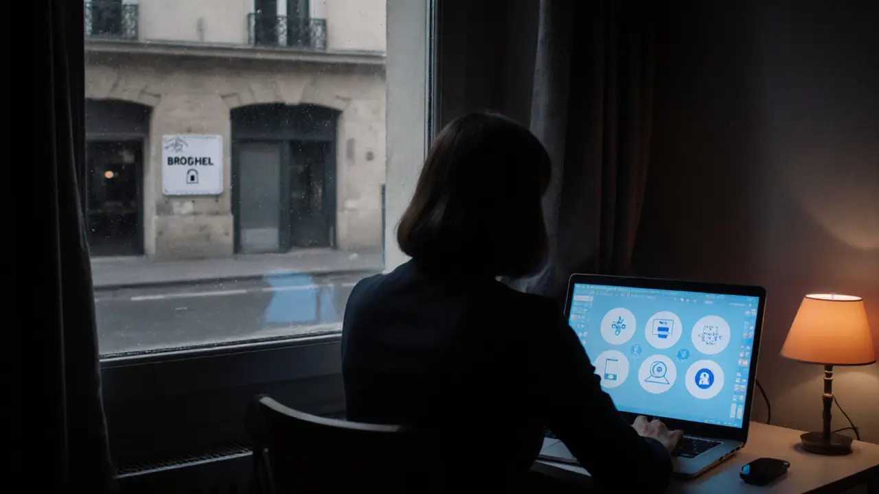 Lockdown apartment interior with a woman working on a laptop, view of a closed street and padlocked brothel sign.