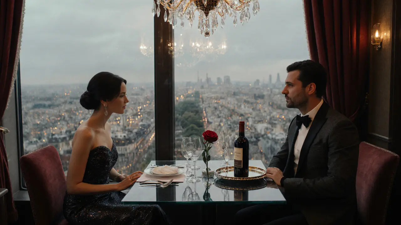 Luxurious restaurant table with champagne, fine dining, and a stylishly dressed companion in Paris.