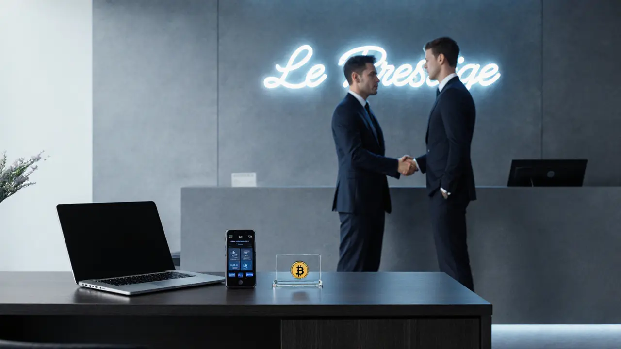 Modern upscale Paris escort agency office with laptop, smartphone app, and discreet neon signage.