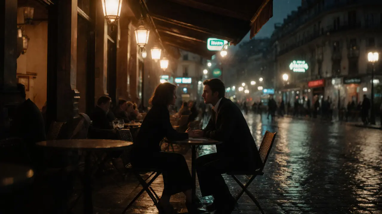 Nighttime café terrace in Paris 13th where a couple meets discreetly under warm lights.