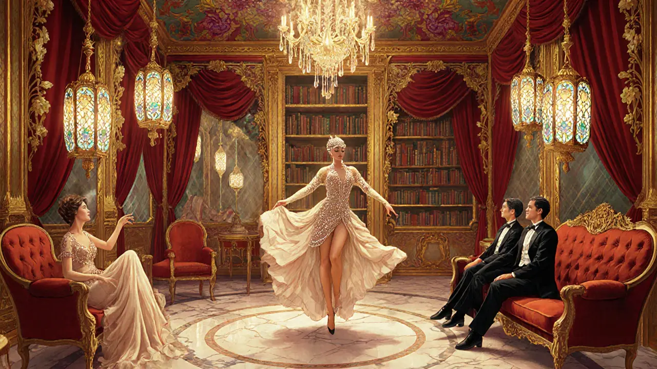 Opulent Belle Époque brothel interior with lavish décor and elegantly dressed patrons.
