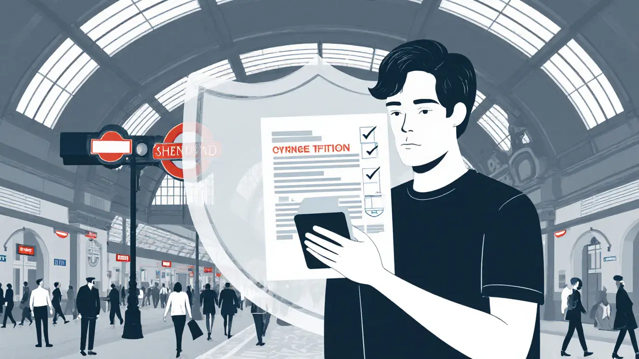 Person checks phone in a busy Paris metro station with a protective shield overlay.