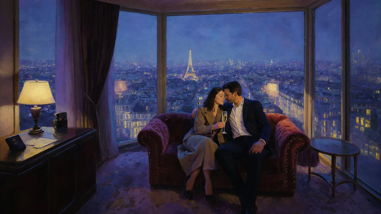 Private high‑rise suite with city lights, a couple sharing champagne, and an intimate, discreet ambiance.