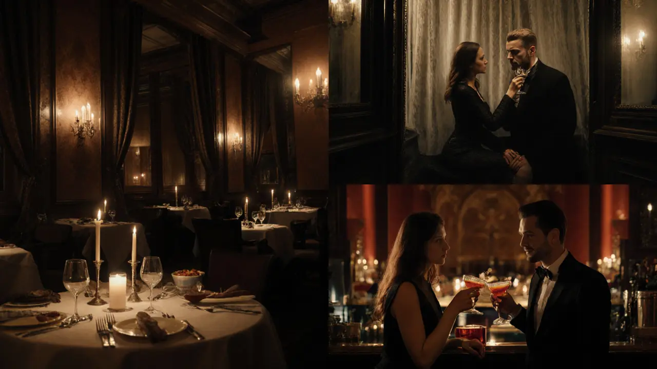 Romantic dinner, opera box, and upscale bar scene for a magical Paris night.