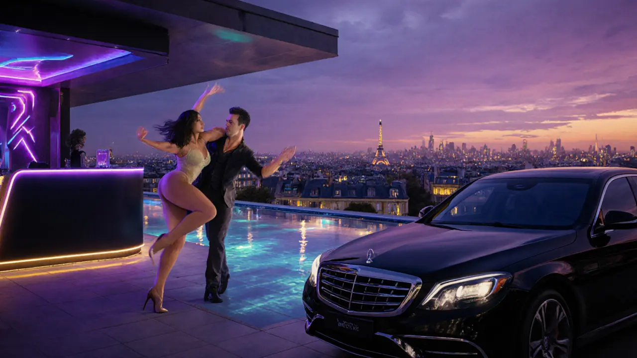 Rooftop club VIP booth with a dance lesson and discreet black car waiting.