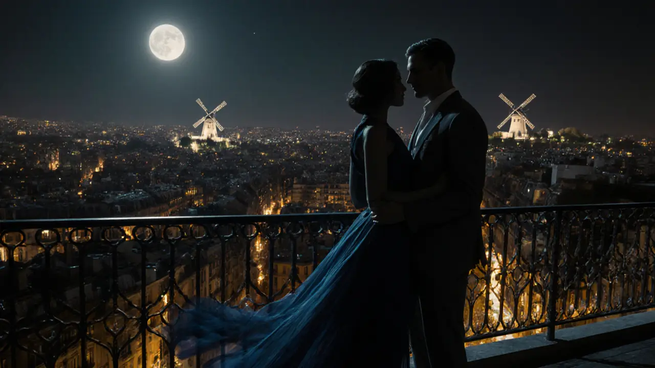 Rooftop terrace at night showing a silhouetted couple overlooking illuminated Paris.