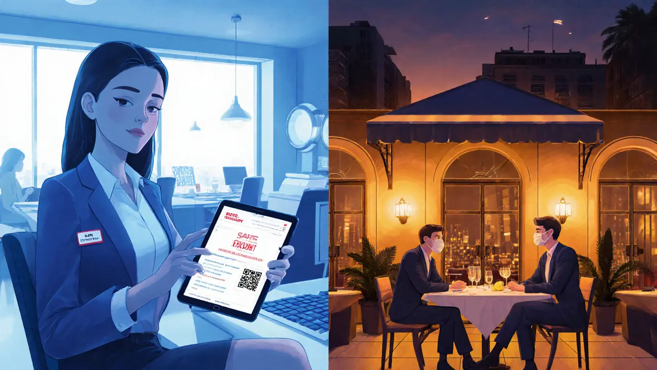 Split scene of a tablet with a safety badge in a co‑working space and a dinner setting with a companion on a terrace.