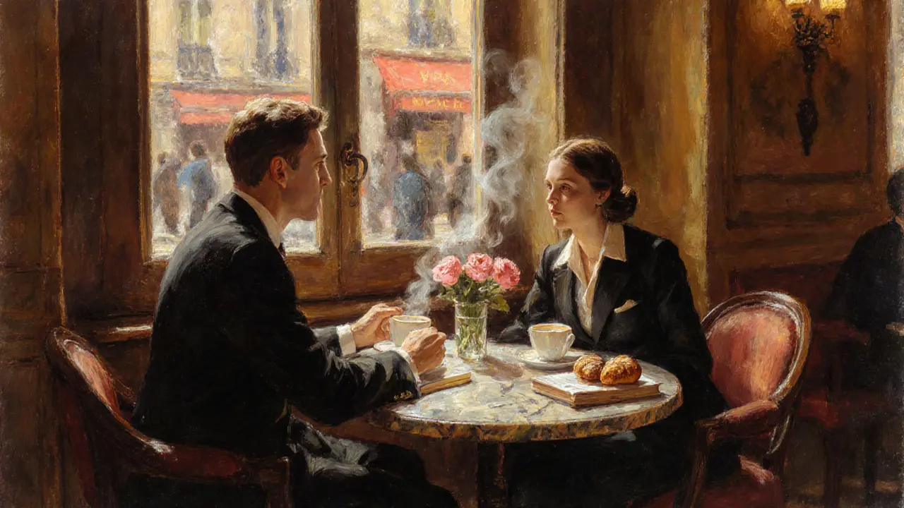 Stylish escort conversing over coffee in a historic Parisian café.