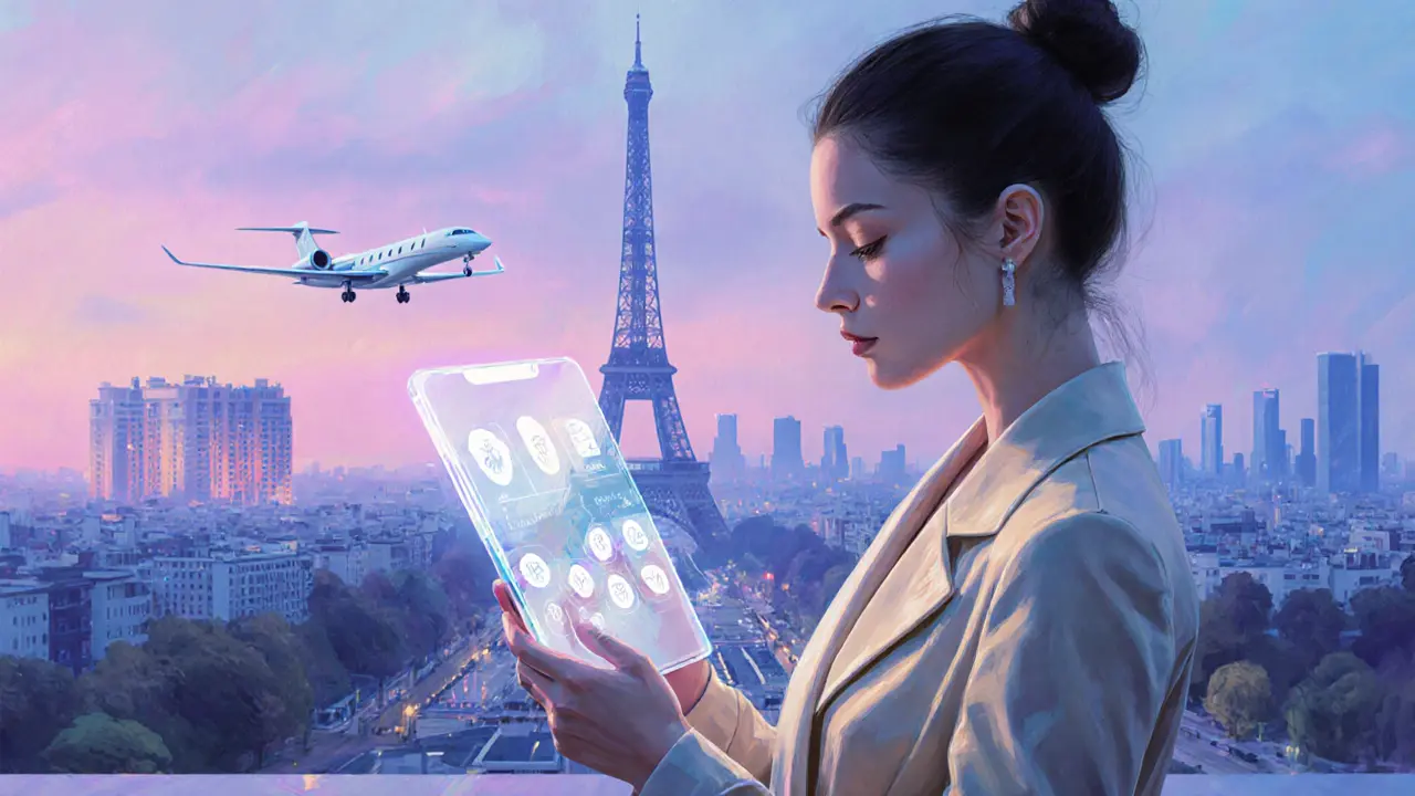 Stylish escort holds a tablet showing a secure app against a Paris skyline.