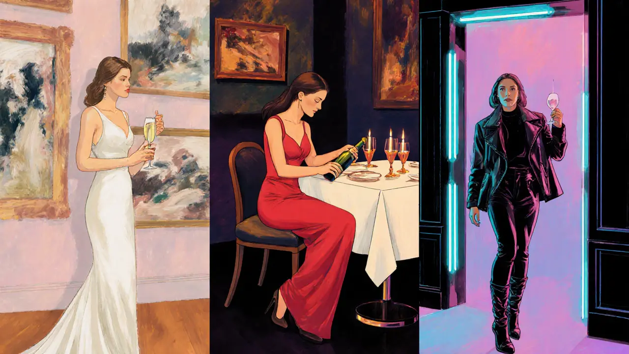 Three-panel illustration showing companions at an art gallery, a gourmet restaurant, and a nightclub.