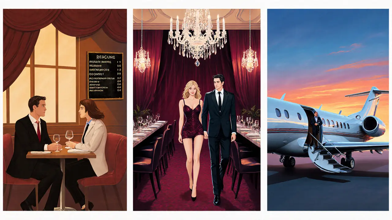 Three side‑by‑side scenes show a bistro meeting, upscale restaurant date, and private jet arrival.