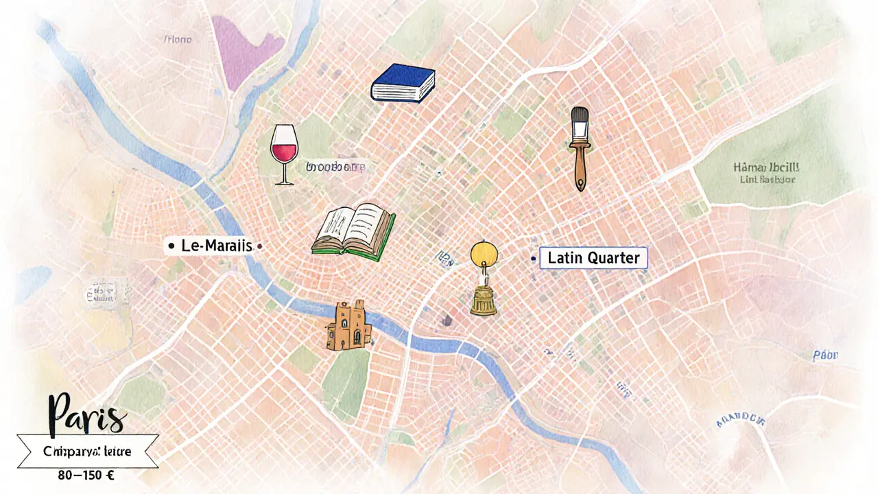 Watercolor map of Paris highlighting four neighborhoods with price range tags.