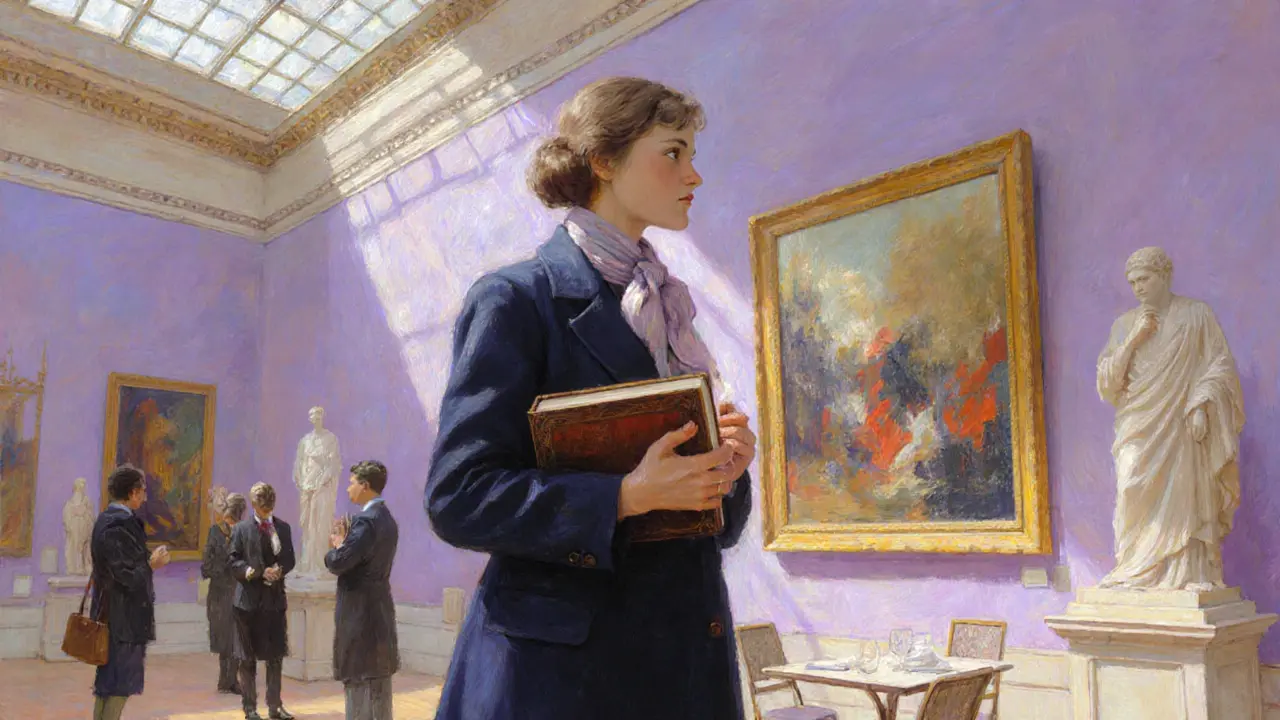 Well-dressed escort discusses art in a museum, holding a notebook and book among pastel lighting.