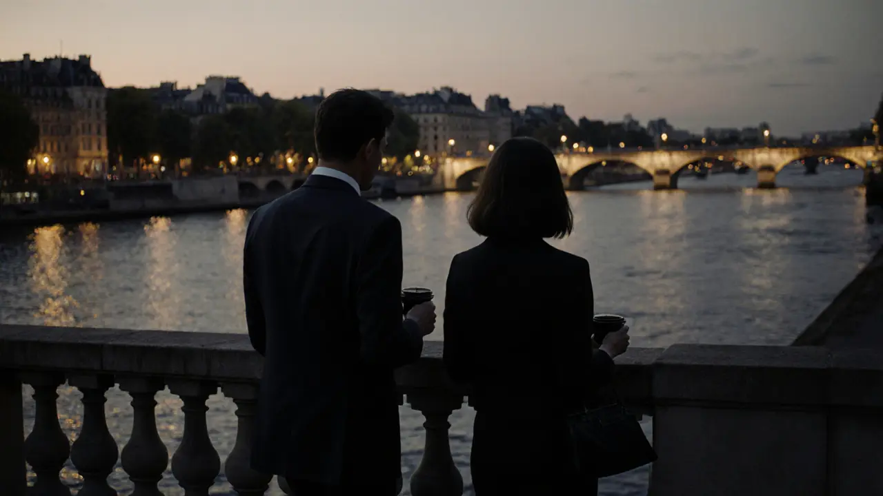 A businessman and companion walk along the Seine at twilight, enjoying the city lights.