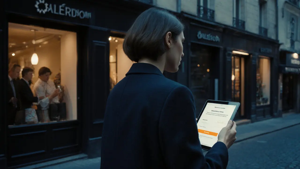 A confident woman in her 30s walking through a quiet Paris street at dusk, holding a tablet with a blockchain payment.