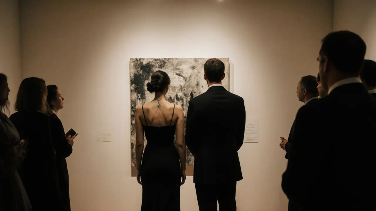A couple viewing art in a quiet, exclusive gallery with soft lighting.