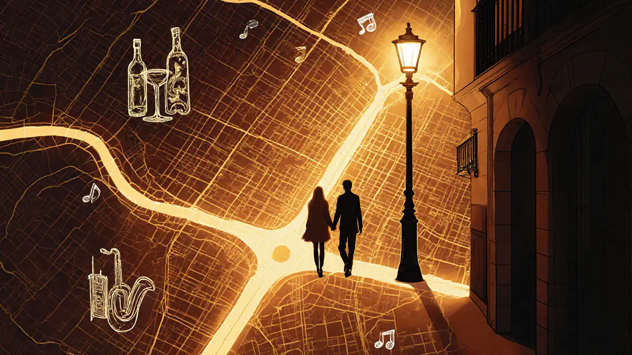 A glowing map of Paris&#039;s 18th arrondissement reveals hidden paths and cultural echoes, with two figures walking through its soulful alleys.