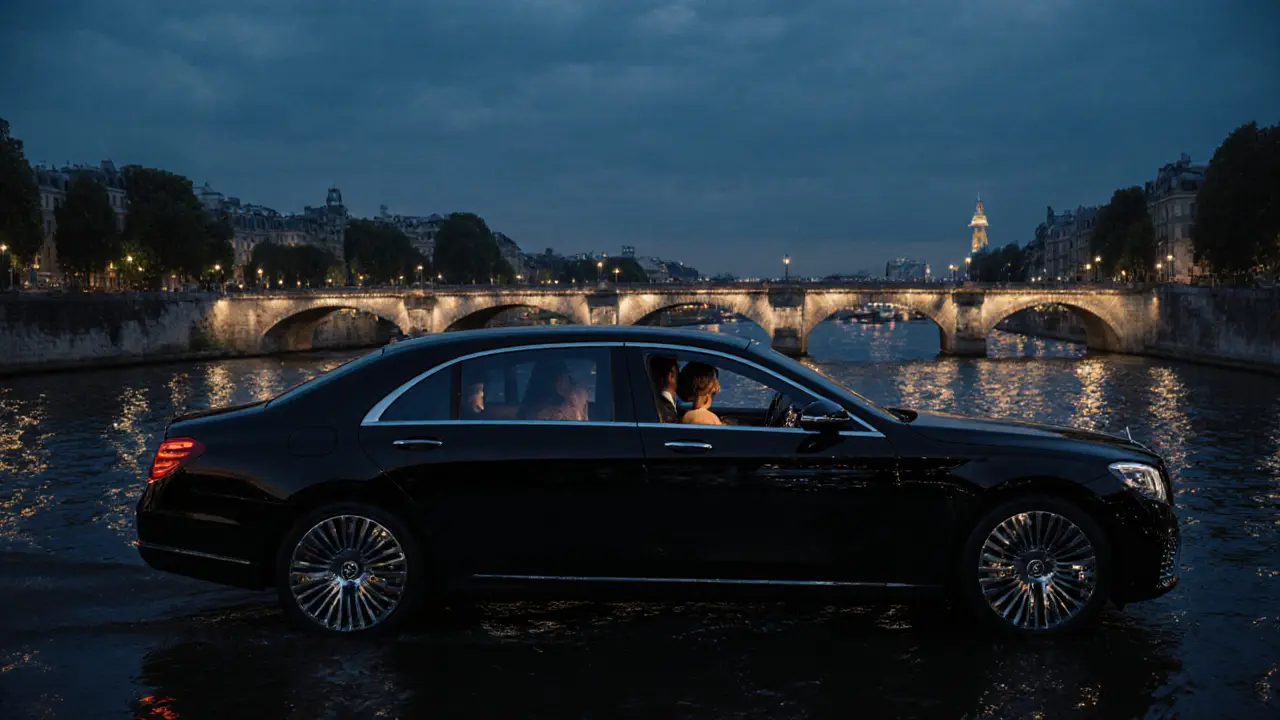 A luxury sedan cruising along the Seine at night, reflecting the city&#039;s illuminated landmarks.