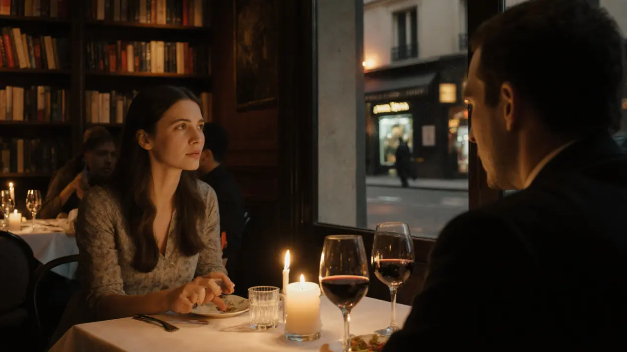 A man and woman share a quiet dinner at a Paris bistro, engaged in thoughtful conversation.