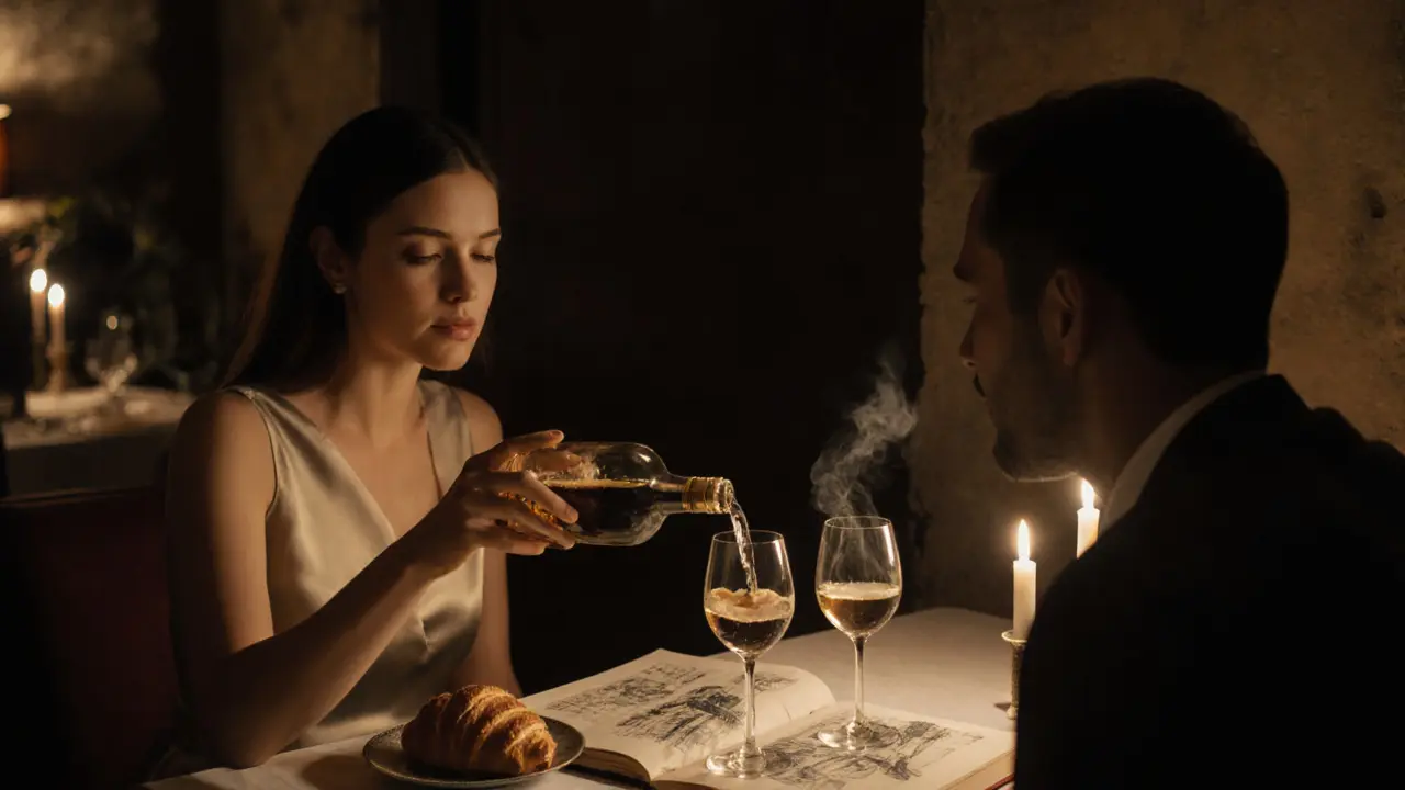 A man and woman share a quiet dinner in a candlelit cellar, wine pouring between them in soft, intimate light.