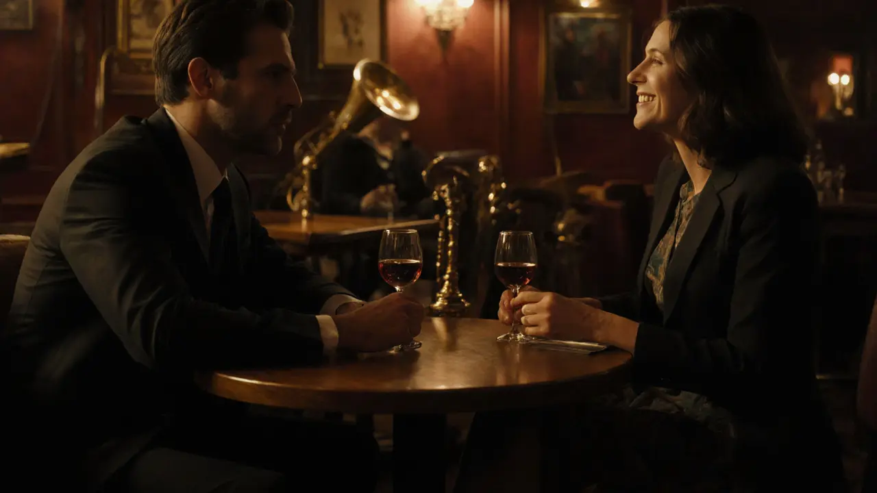 A man and woman share a quiet moment in a dim jazz club, wine glasses on the table, ambiance warm and intimate.