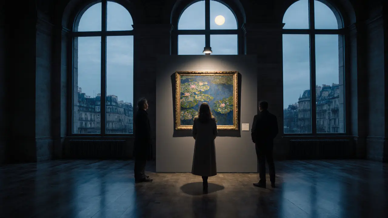A man and woman stand silently before a Monet painting in the empty Musée d’Orsay after closing hours.