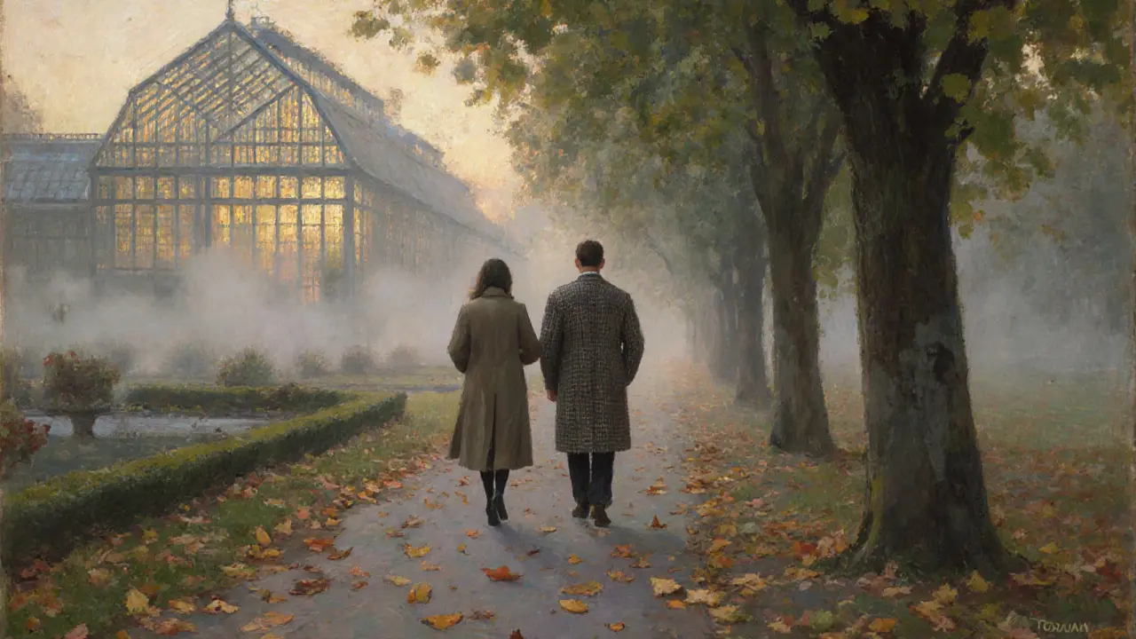 A man and woman walking peacefully through Jardin des Plantes at dawn, autumn leaves drifting around them.