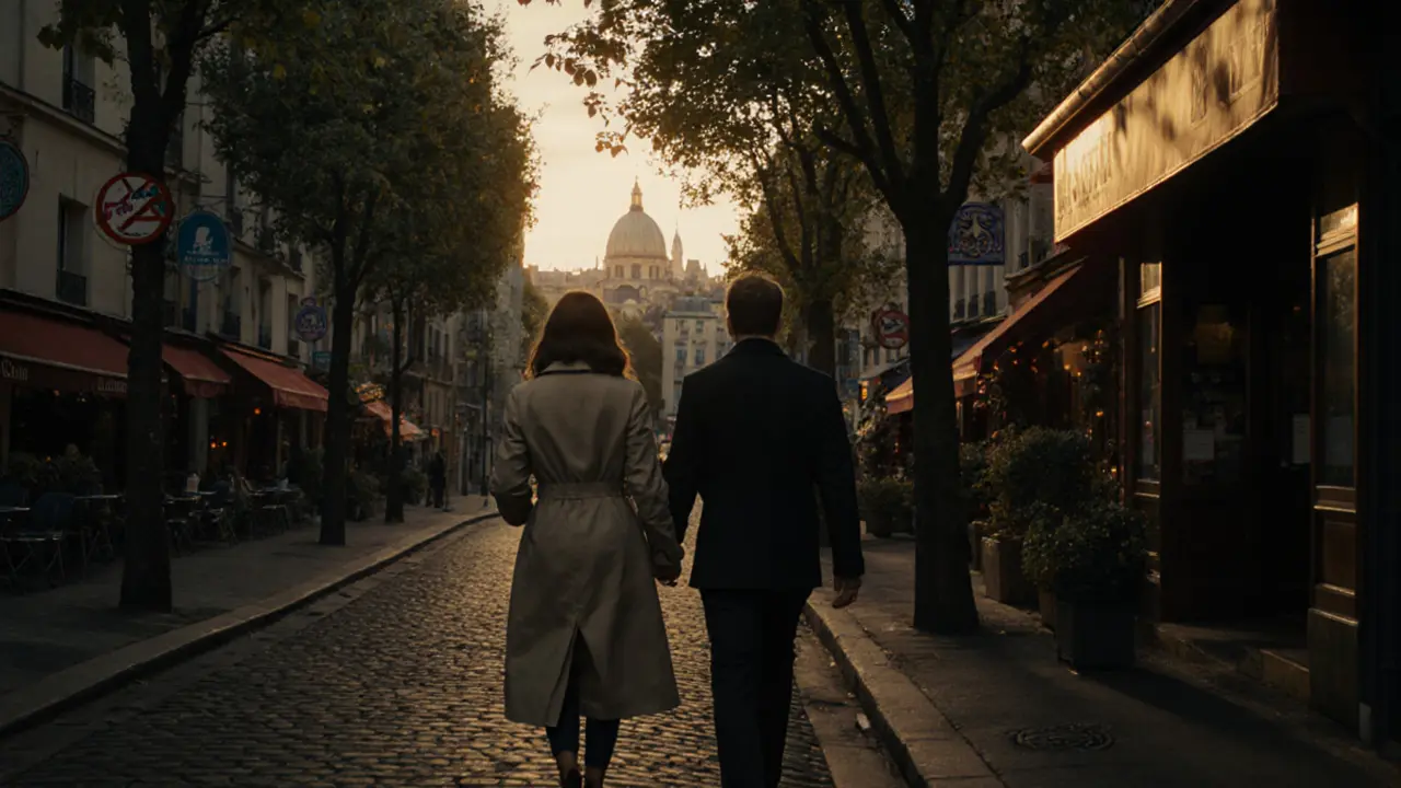 A man and woman walking peacefully through Montmartre at dusk, surrounded by Parisian streets and soft evening light.